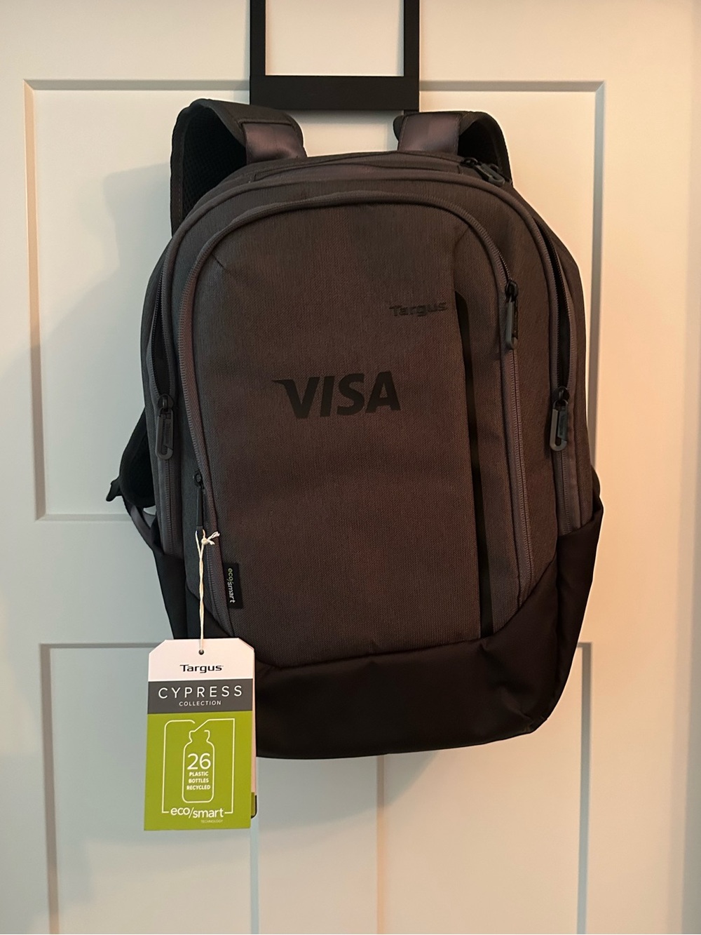 Targus Cypress Backpack in Gray and Black with Visa Logo